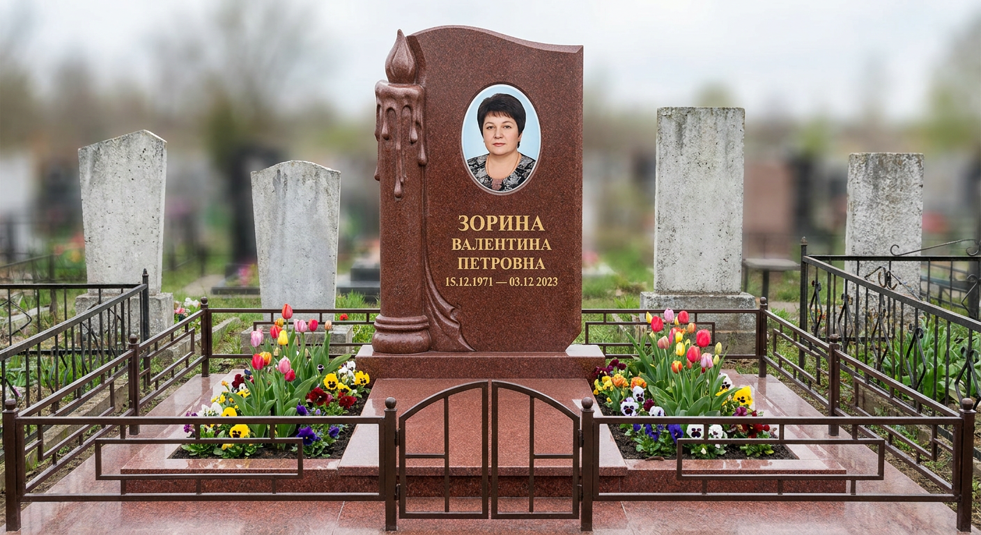 Пример дизайна: Памятник со свечой из лезниковского гранита с фотопортретом