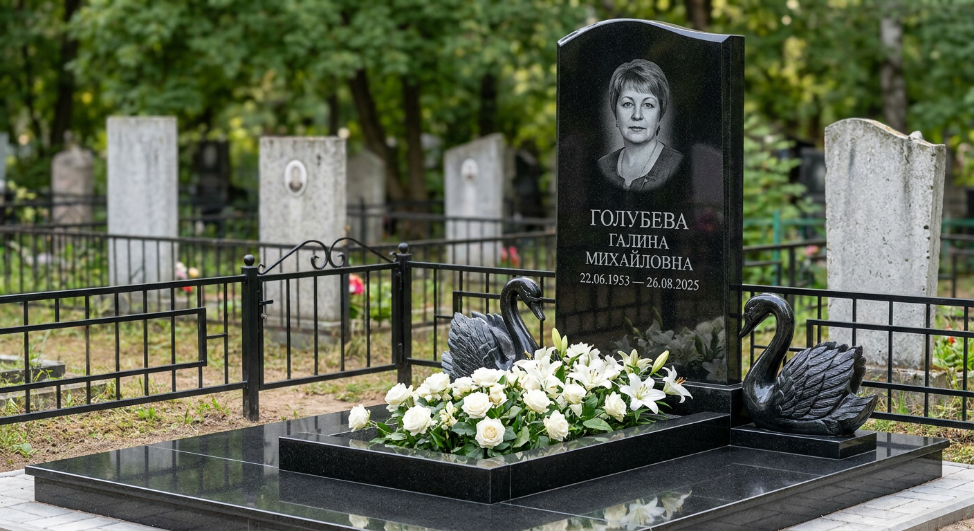 Пример дизайна: Памятник с парой лебедей из черного габбро-диабаза