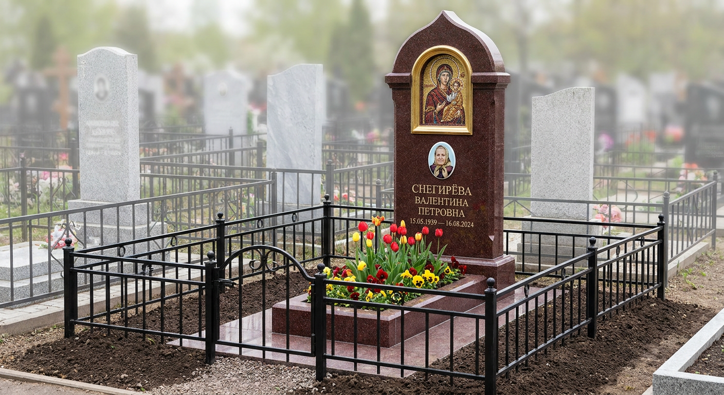 Пример дизайна: Гранитный памятник на двоих с оградой из черного металла — фото и цена