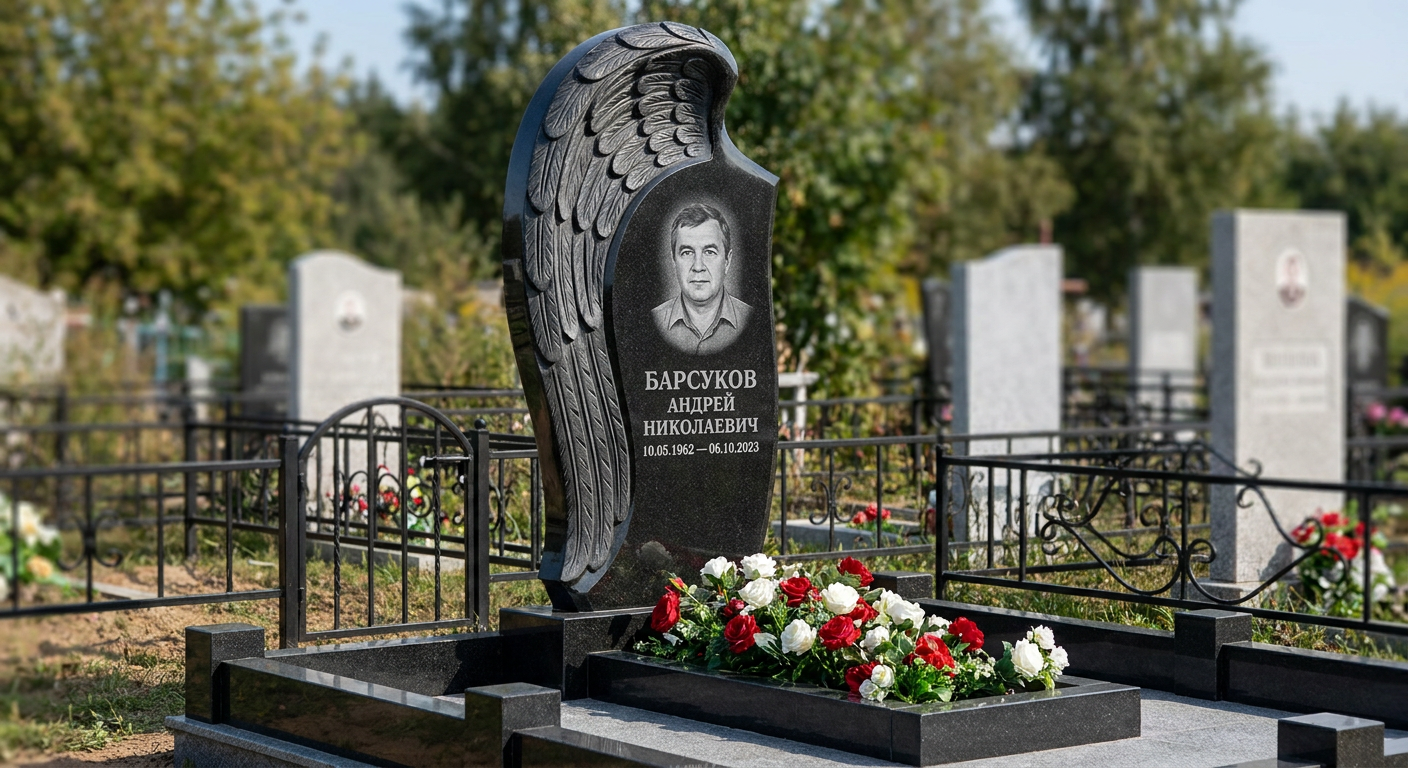 Пример дизайна: Комбинированный памятник фигурный с волнообразным цветником и шарами — фото и цена