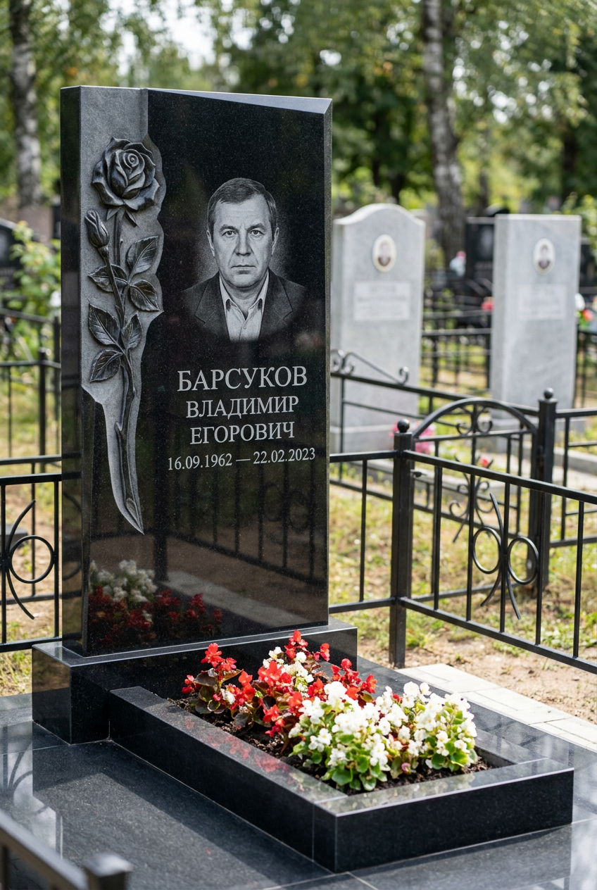 Пример дизайна: Памятник с розой из черного габбро-диабаза с глубокой фрезеровкой