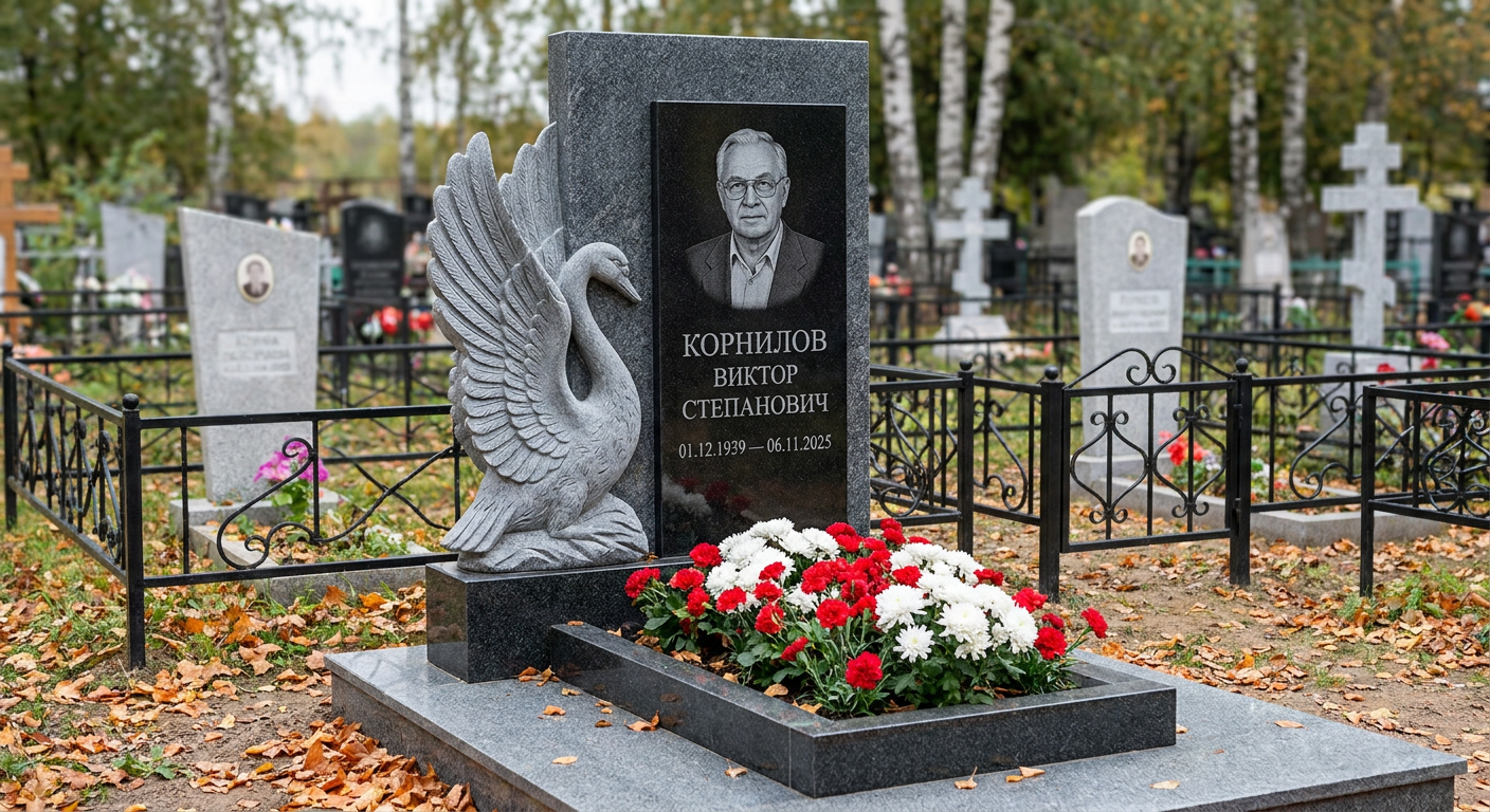 Пример дизайна: Памятник с лебедем из мансуровского гранита с распахнутыми крыльями