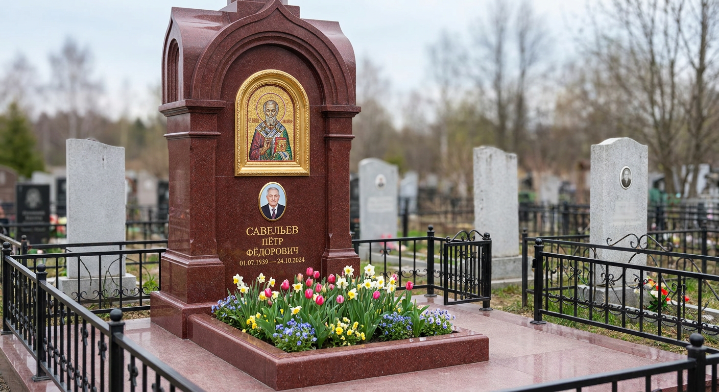 Пример дизайна: Памятник с мозаичной иконой из лезниковского гранита с портретом