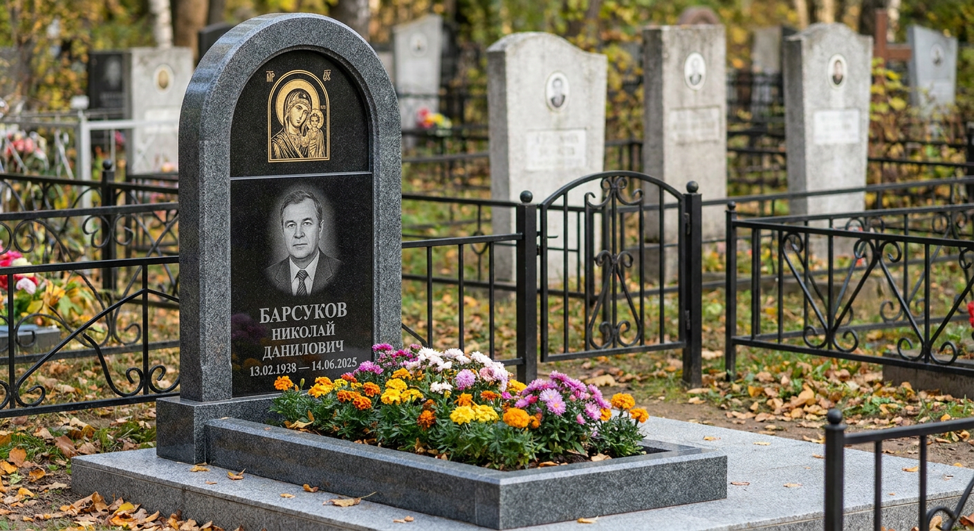 Пример дизайна: Памятник с иконой богородицы из мансуровского гранита с аркой и фрезеровкой