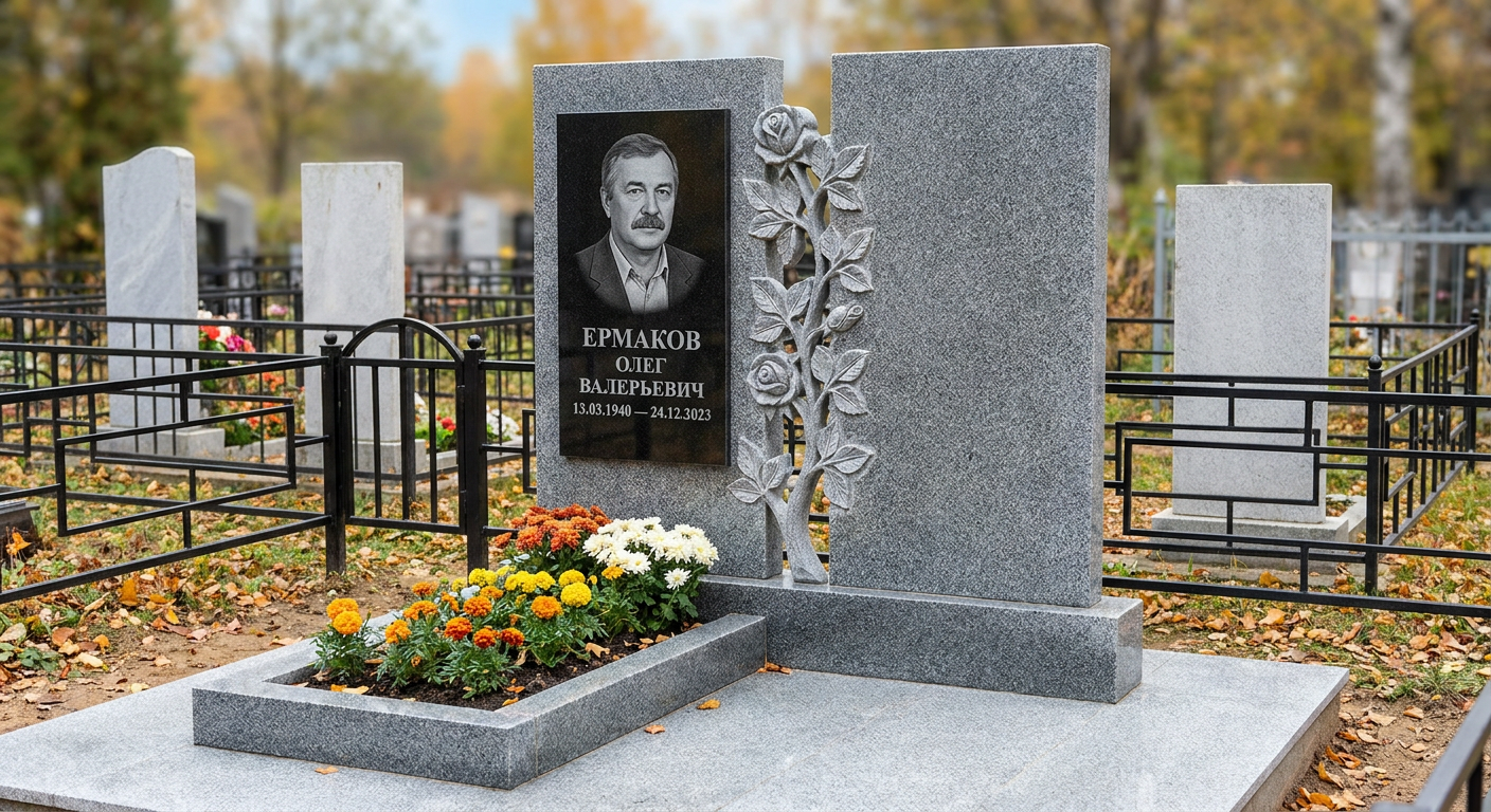 Пример дизайна: Памятник с розой из серого гранита Мансуровский с портретом