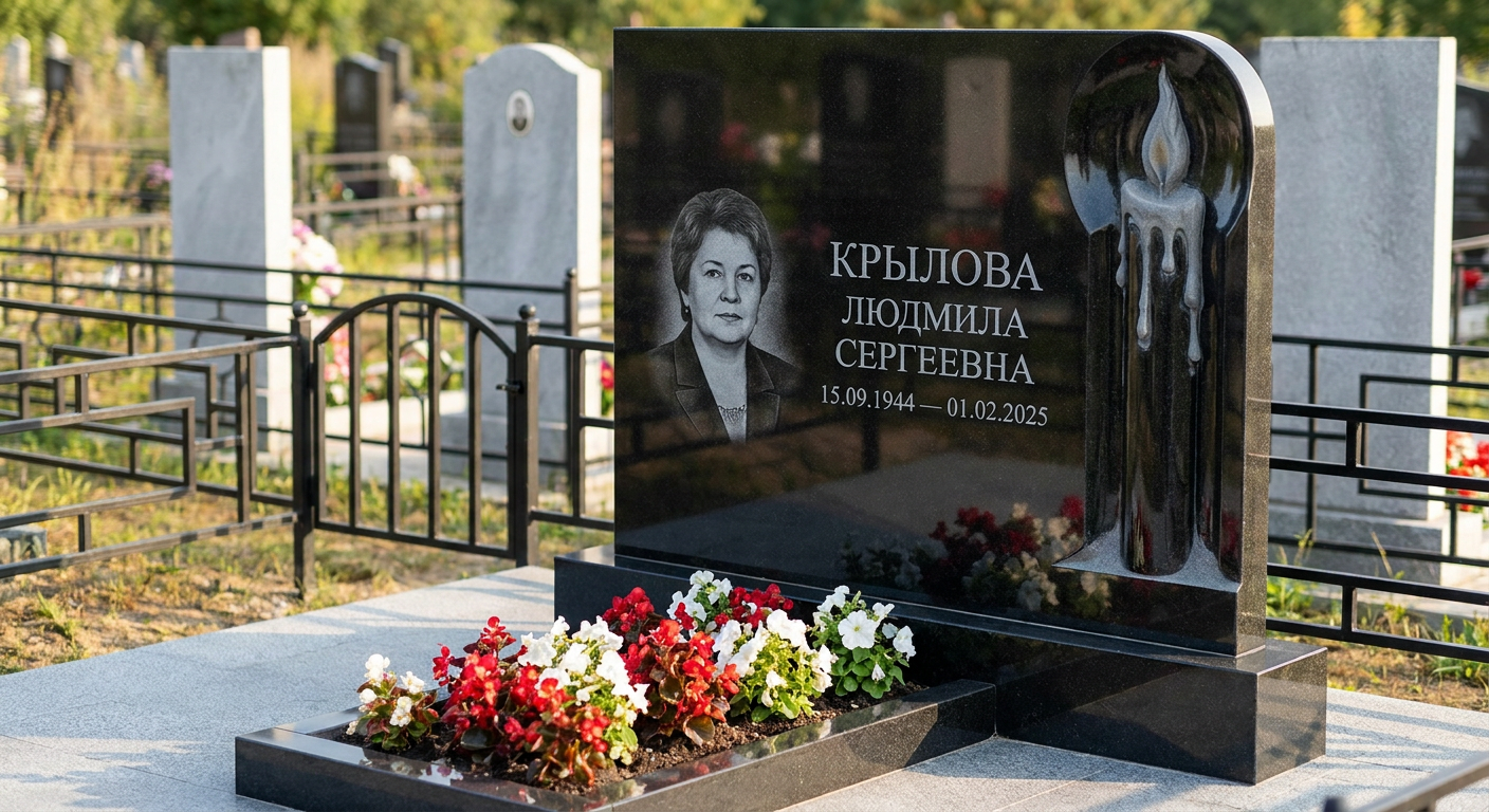 Пример дизайна: Памятник с пламенем свечи из габбро-диабаза с портретом