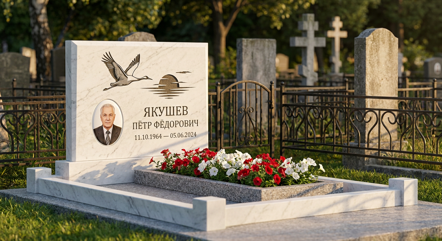 Пример дизайна: памятник с журавлями из белого мрамора с портретом