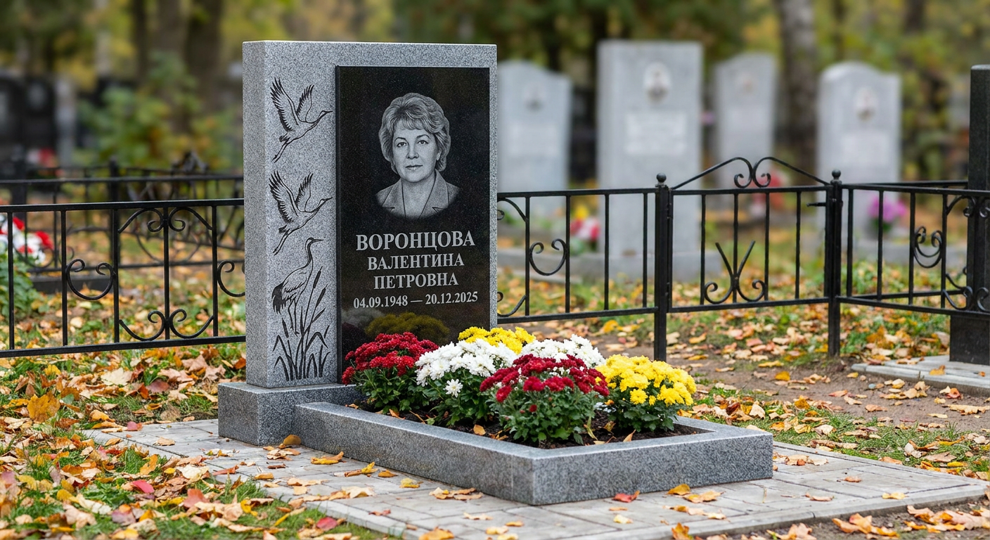 Пример дизайна: памятник с журавлиным клином из серого мансуровского гранита с портретом