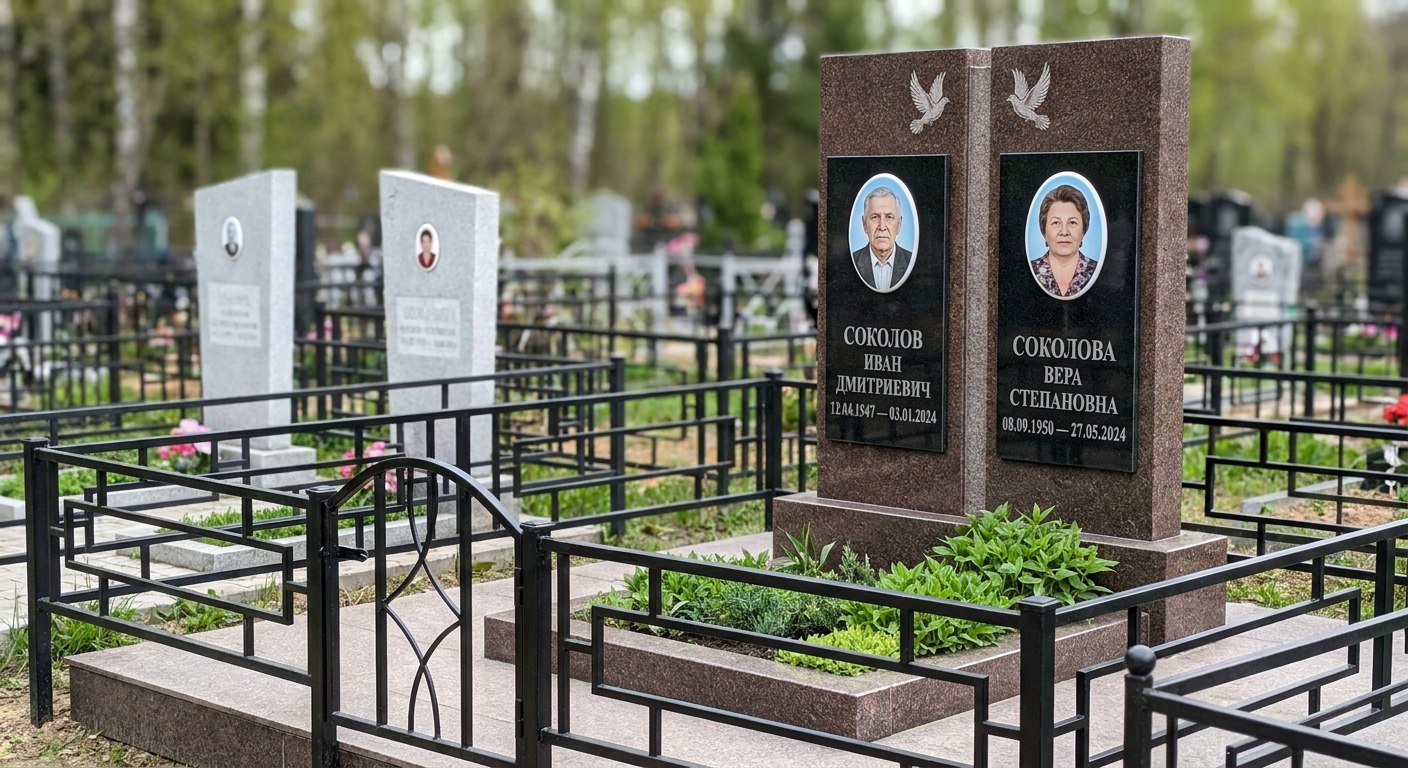 Пример дизайна: Гранитный памятник на двоих с голубями — фото и цена