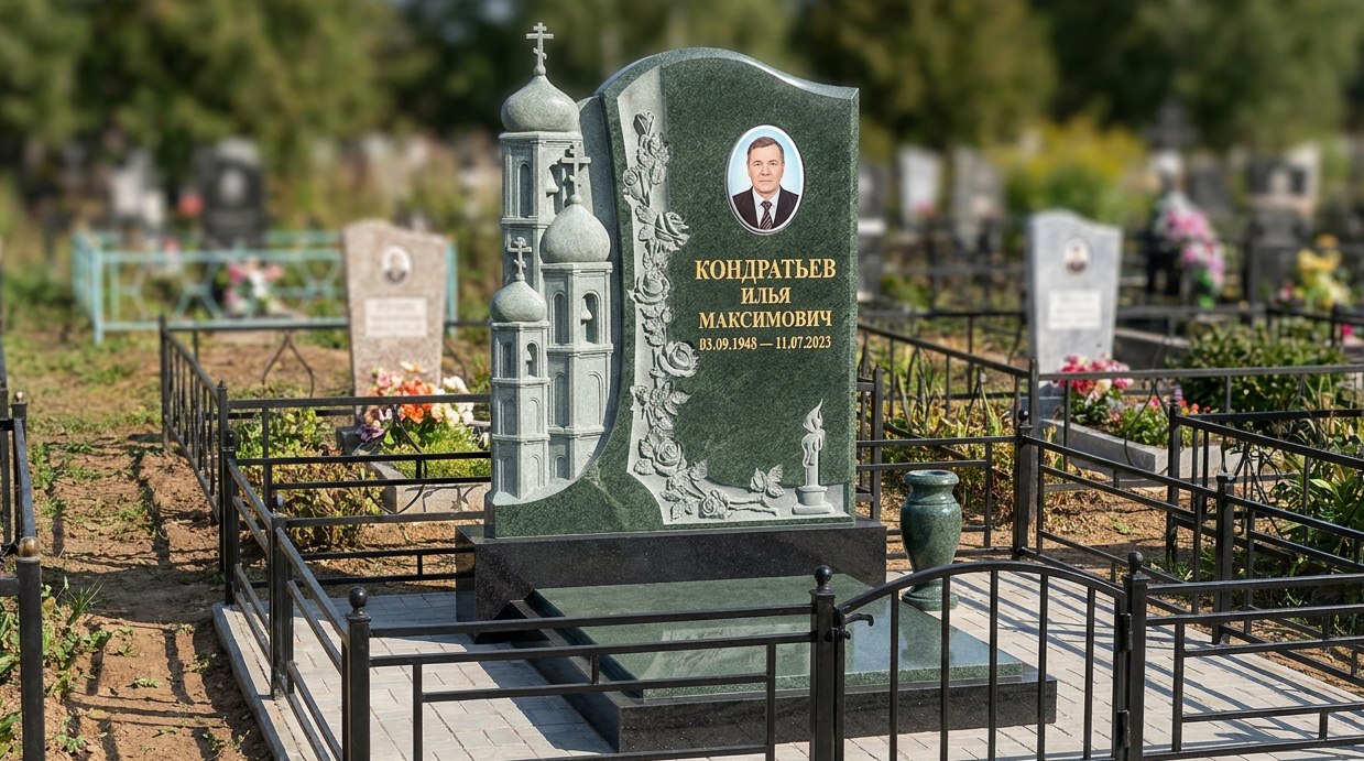 Пример дизайна: Комбинированный памятник часовня с резными розами и свечой — фото и цена