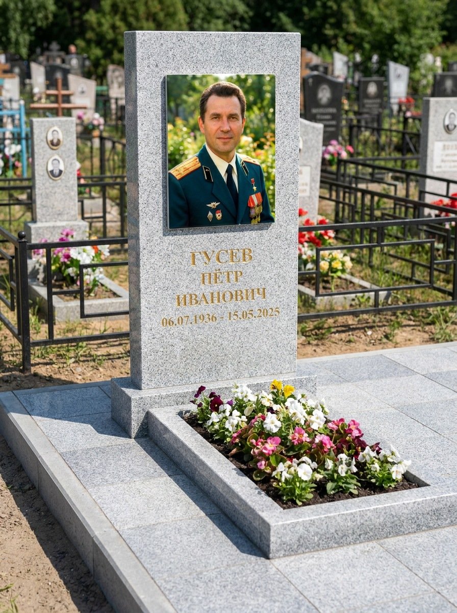 Портрет на памятнике в Калининграде — Прямоугольник на гранитной стеле, ФИО и даты на портрете